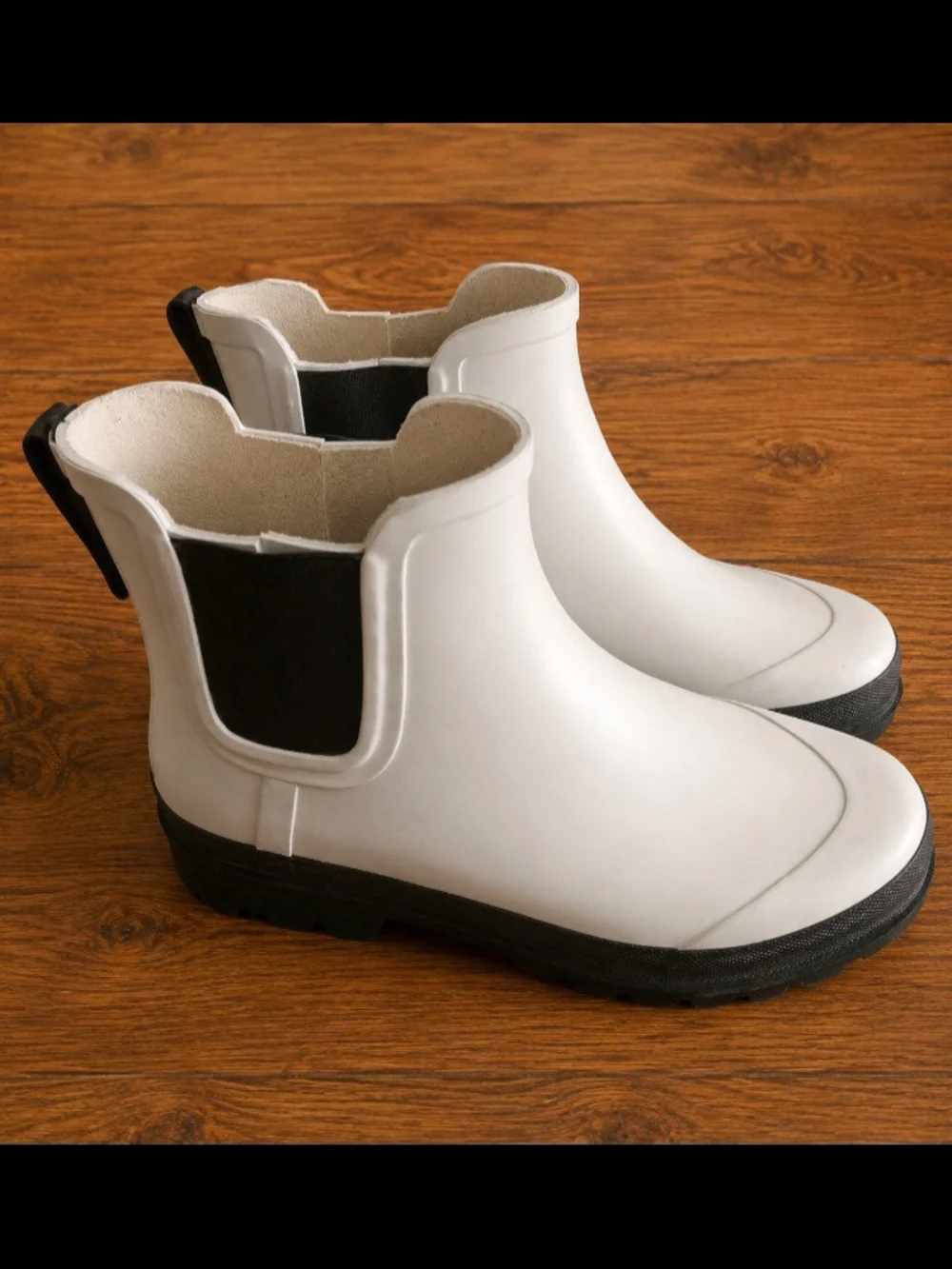 J. Crew White Chelsea-Style Rain Booties with Black Panels
